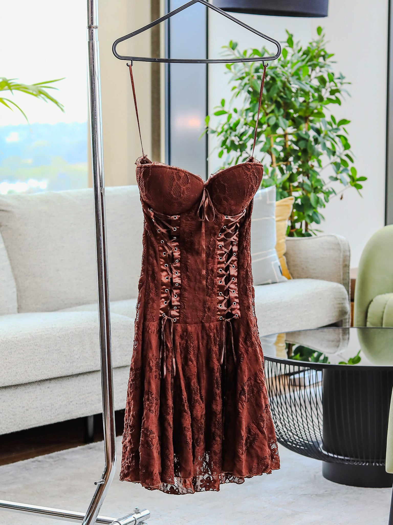 Avinci Brown Lace Corset Mini Dress | Regular Fit | Made in Morocco