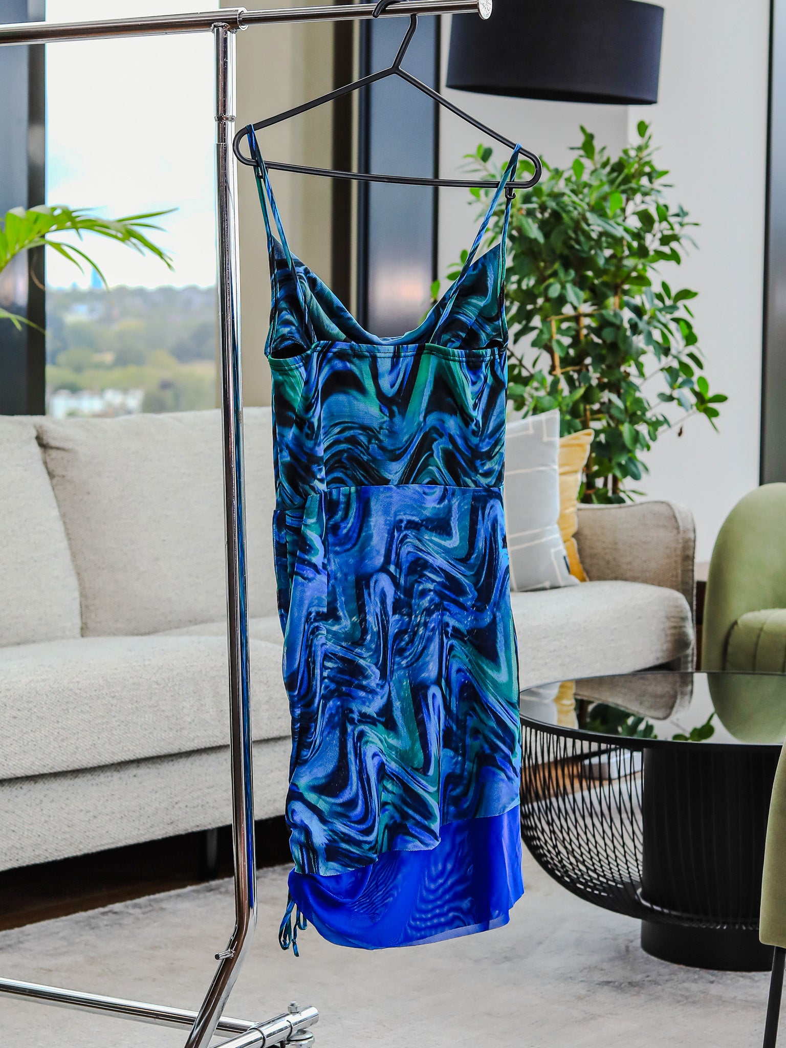 Blue Abstract Printed Mini Dress – Ruched Asymmetric Hem | Avinci