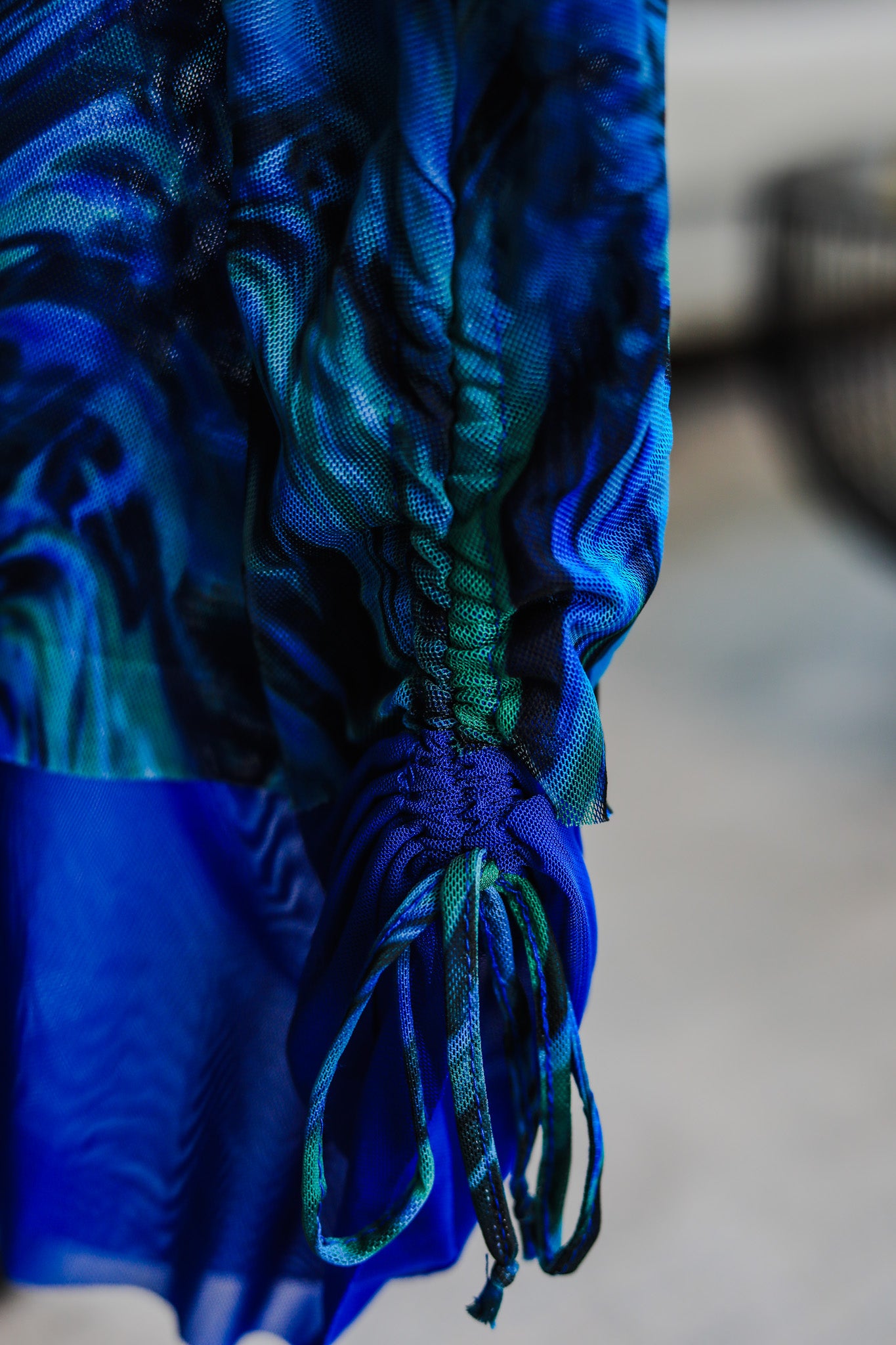 Blue Abstract Printed Mini Dress – Ruched Asymmetric Hem | Avinci