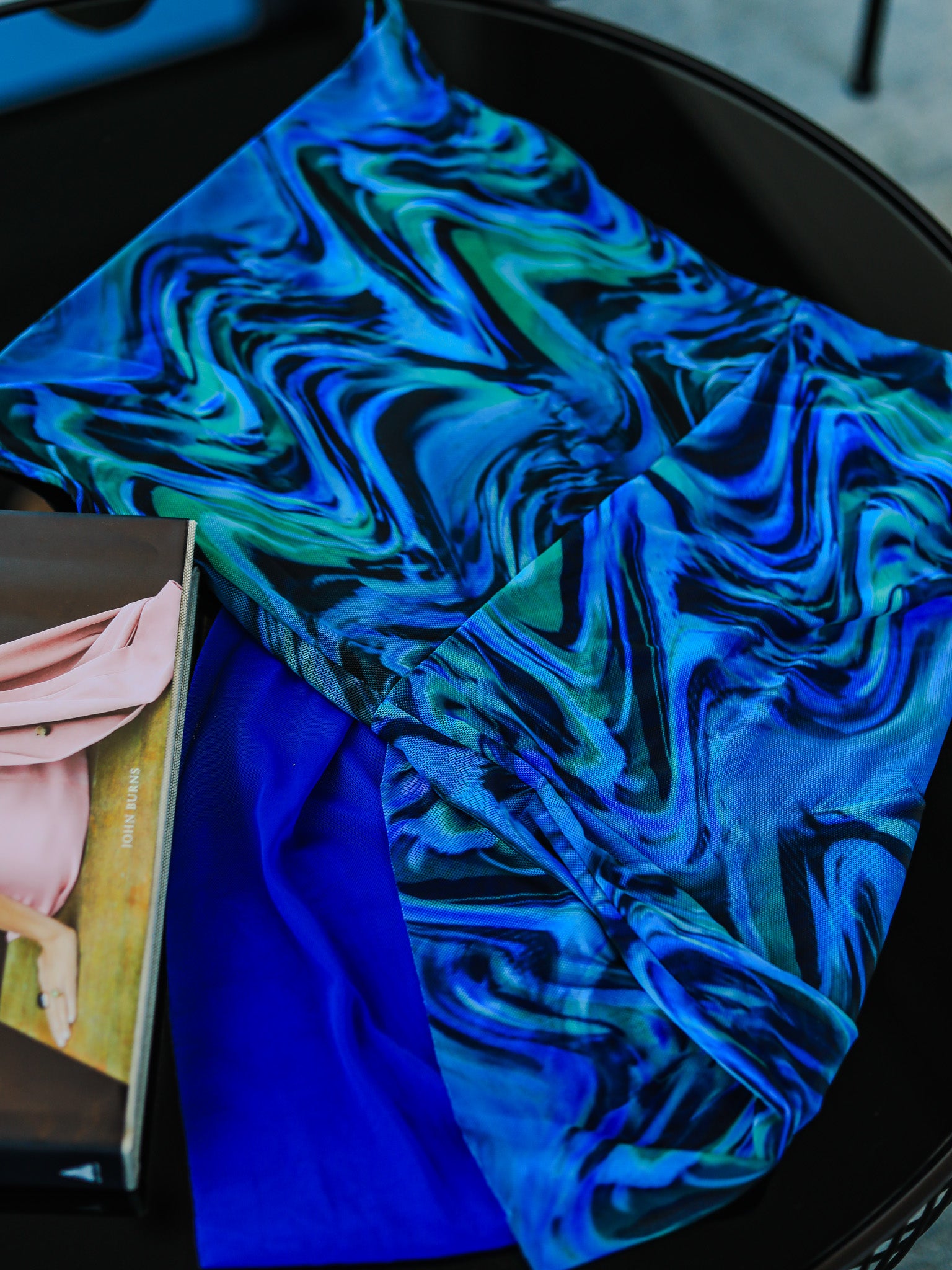 Blue Abstract Printed Mini Dress – Ruched Asymmetric Hem | Avinci