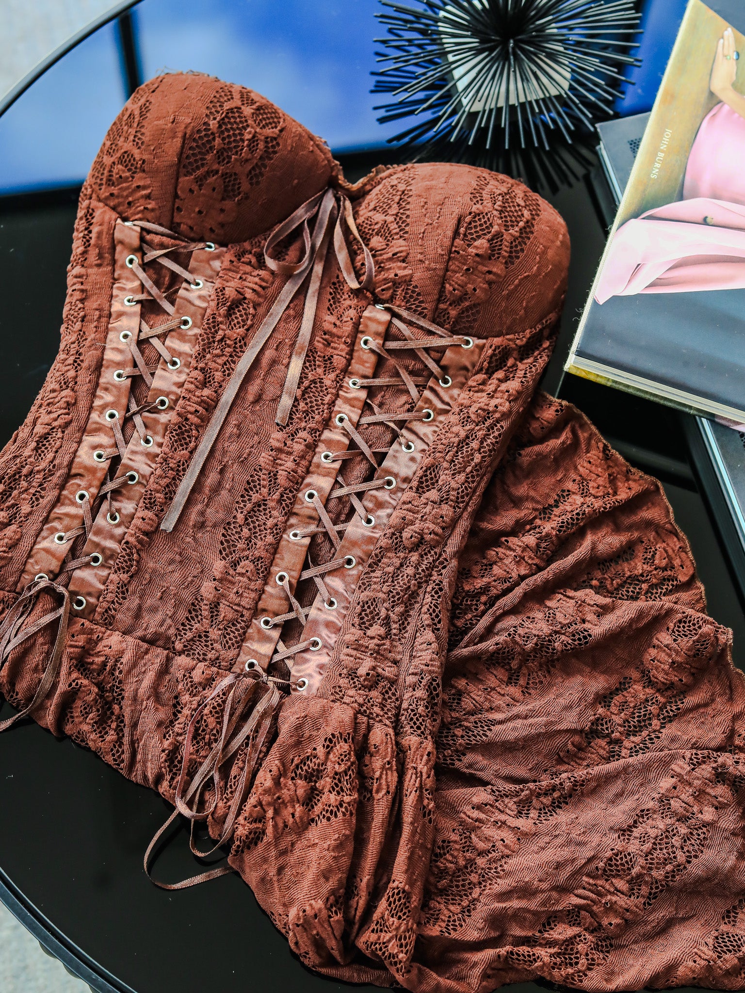 Avinci Brown Lace Corset Mini Dress | Regular Fit | Made in Morocco