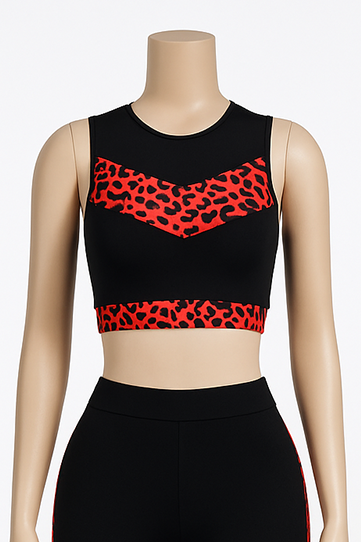 Girls’ Sports Crop Top – Red & Black Animal Print