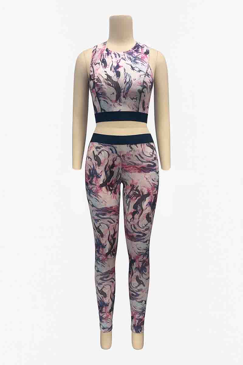 Kids’ Gym Set – Marble Print Tank Top & Leggings with Navy Waistband | Ages 6–14