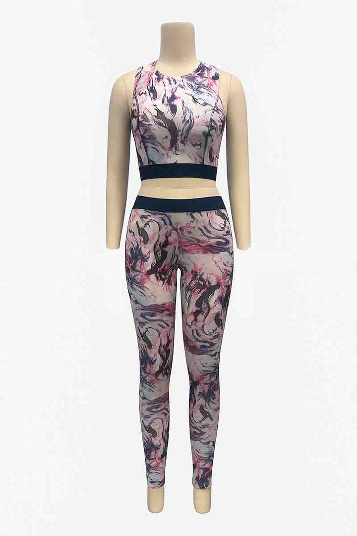 Kids’ Gym Set – Marble Print Tank Top & Leggings with Navy Waistband | Ages 6–14