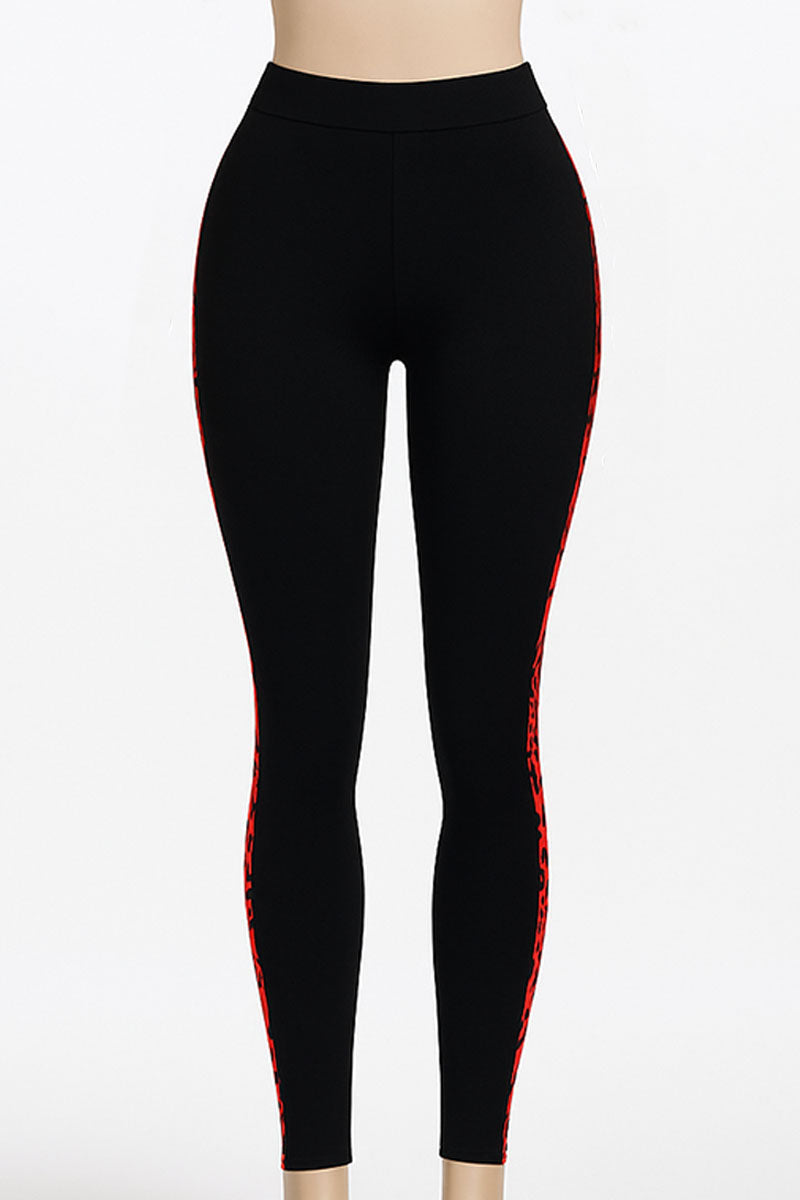 Womens Black Gym Leggings with Red Side Panel – M