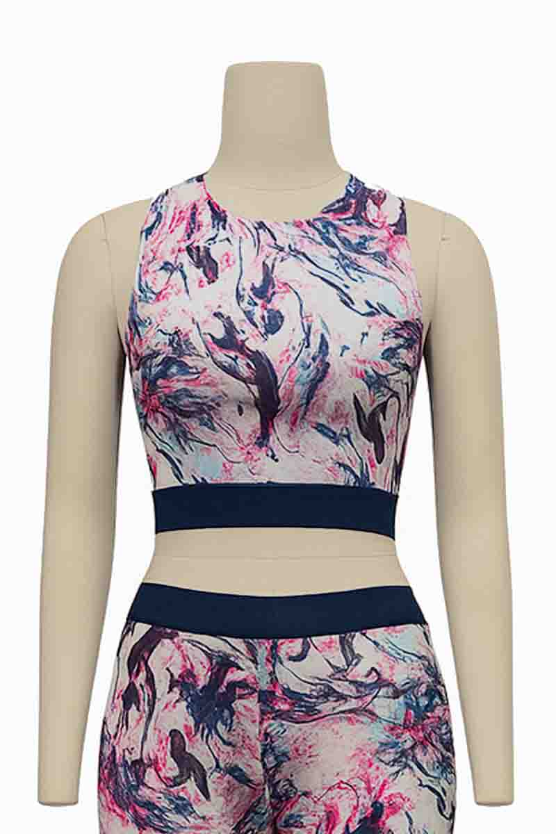 Kids’ Pink Print Cropped Tank Top – Navy Elastic Hem