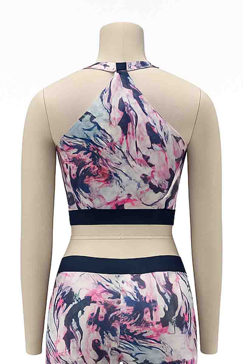 Kids’ Pink Print Cropped Tank Top – Navy Elastic Hem