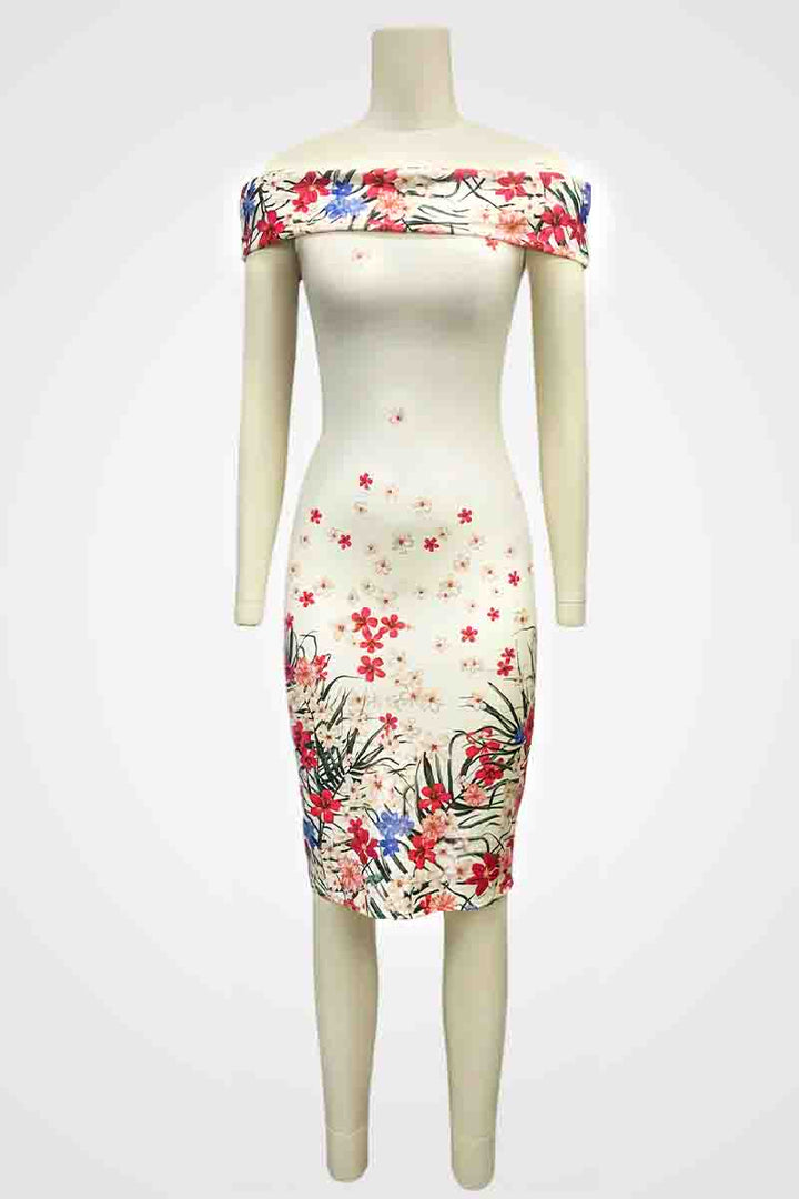 White Floral Bardot Bodycon Dress – Size 10