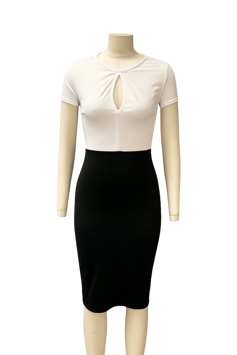 Two-Tone Fitted Midi Dress with Keyhole Neck – White/Black