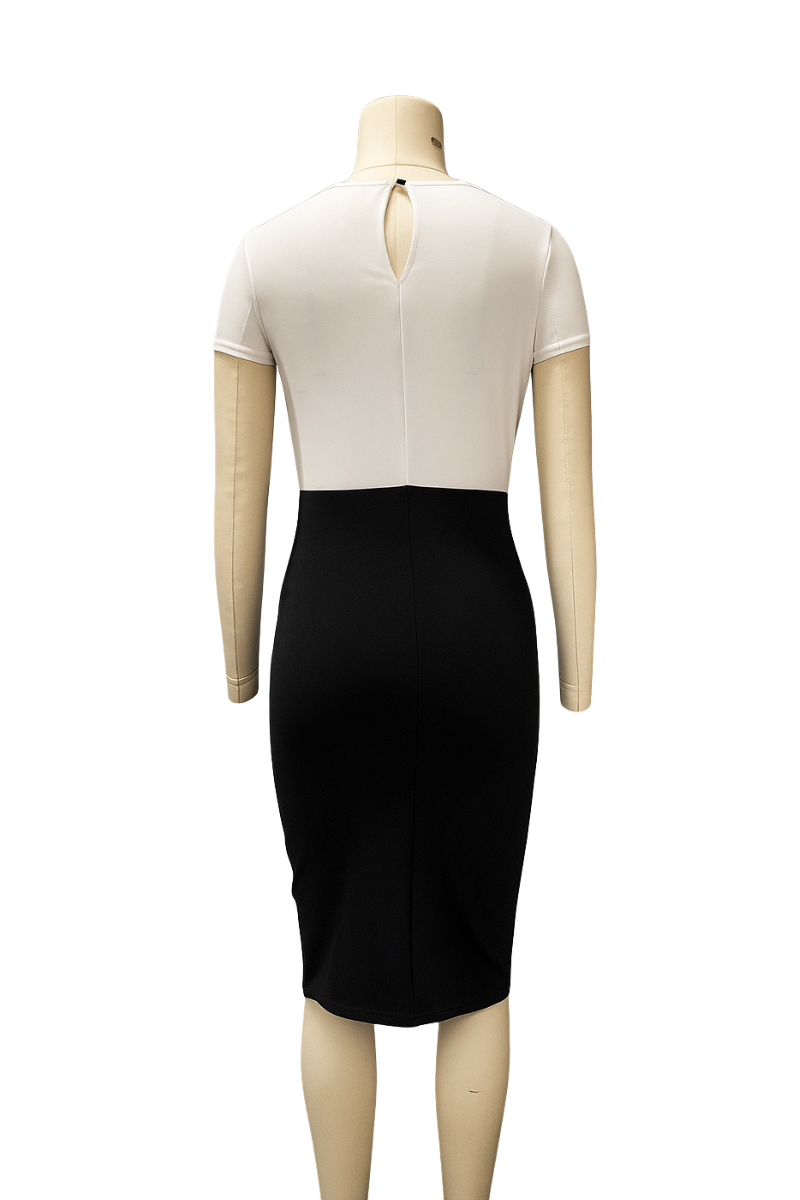 Two-Tone Fitted Midi Dress with Keyhole Neck – White/Black