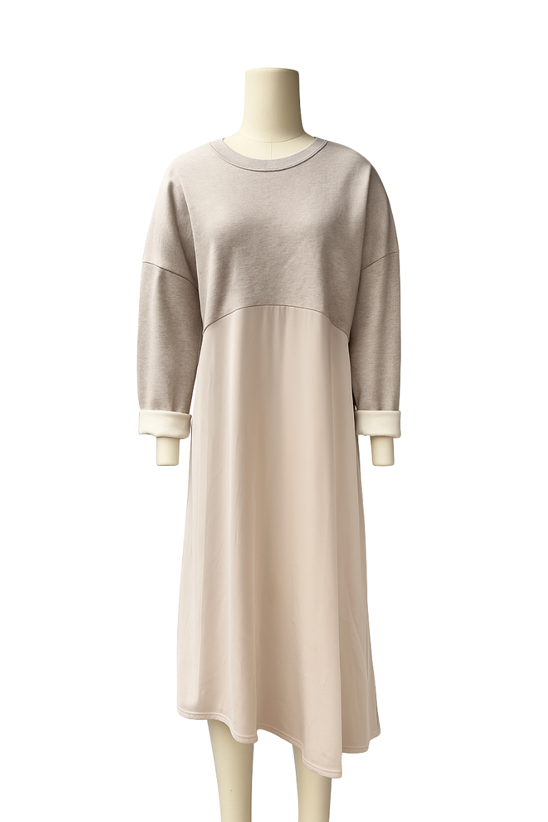 Oatmeal Fleece Sweatshirt Midi Dress with Asymmetric Skirt – Size 14