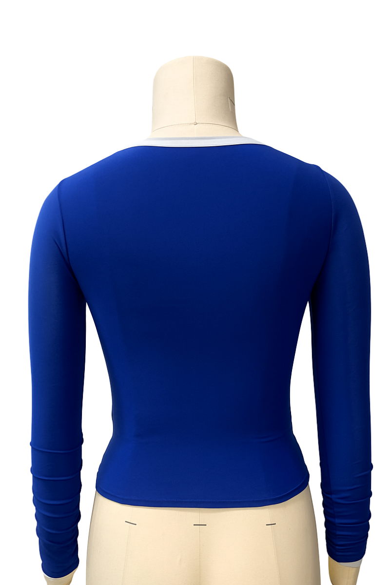 Blue Long Sleeve Fitted Top with Gathered Waist