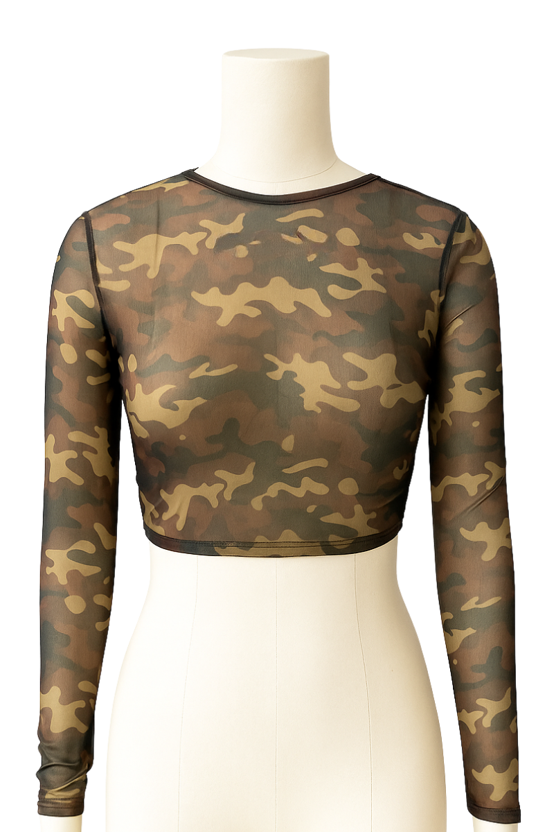 Camo Mesh Long Sleeve Cropped Top