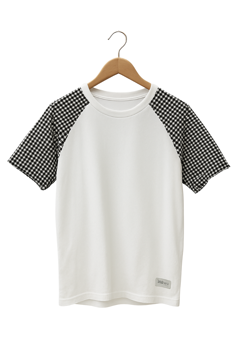White T-Shirt with Black Check Sleeves