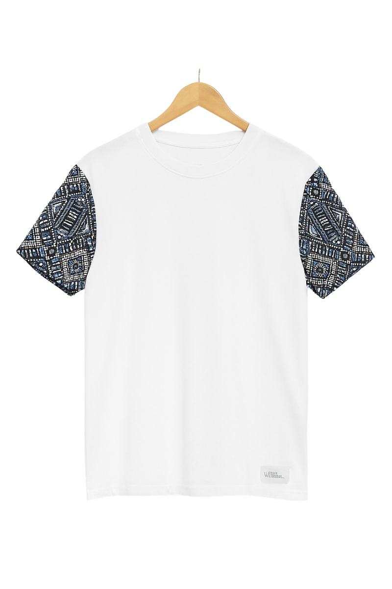 White T-Shirt with Black & Blue Printed Sleeves