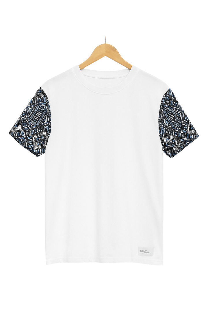 White T-Shirt with Black & Blue Printed Sleeves