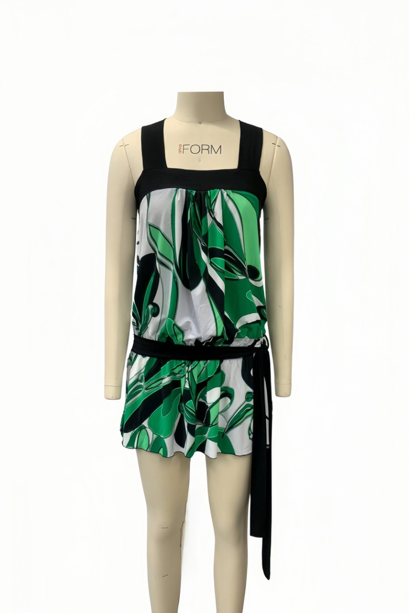 Green Printed Sleeveless Tunic with Belted Waist and Multi-Strap Detail