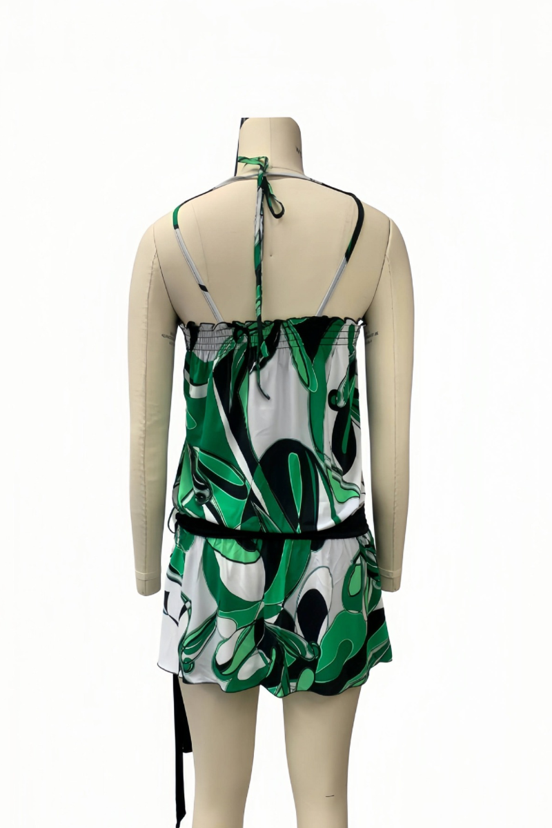 Green Printed Sleeveless Tunic with Belted Waist and Multi-Strap Detail
