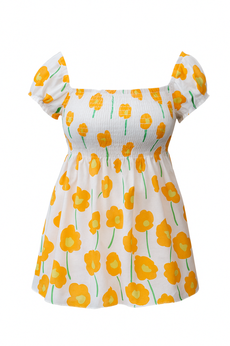 Sheared Puff Sleeve Top – Floral Print in Green, Orange or Red