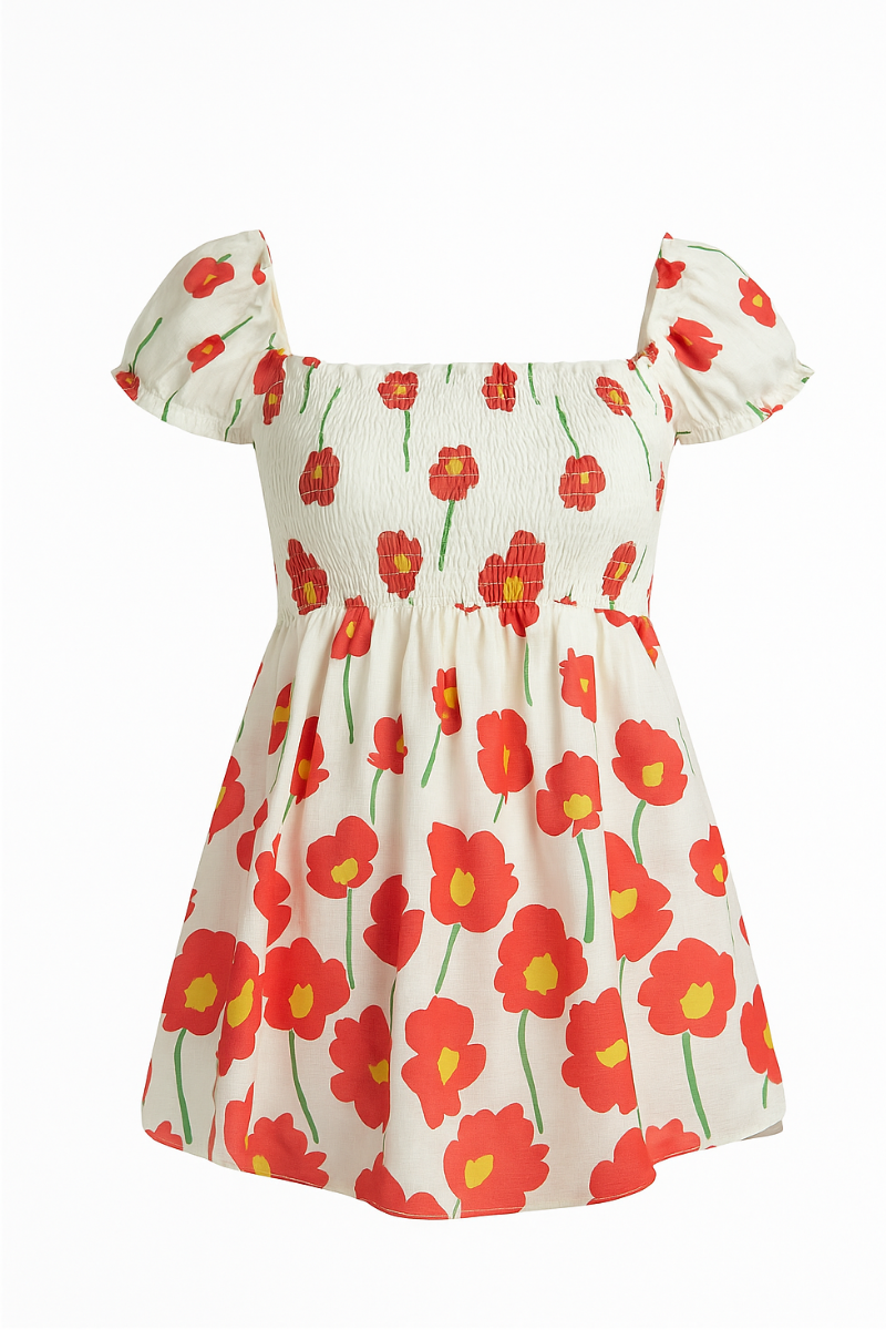 Sheared Puff Sleeve Top – Floral Print in Green, Orange or Red