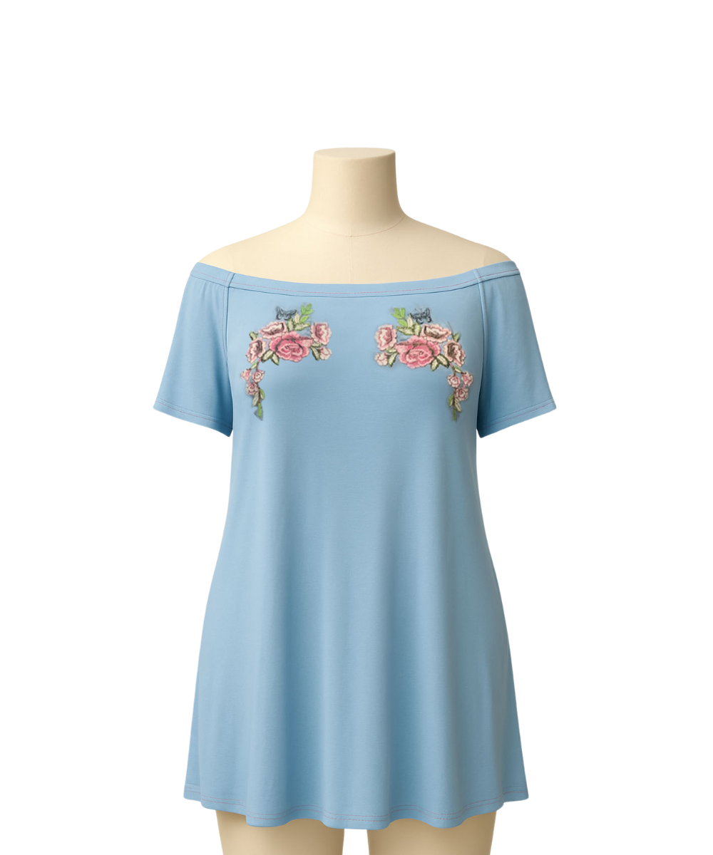 Light Blue Off-Shoulder Floral Tunic