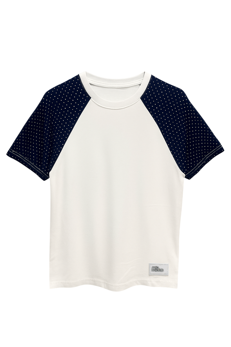 White T-Shirt with Navy Polka Dot Sleeves