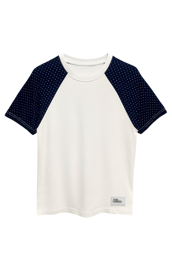 White T-Shirt with Navy Polka Dot Sleeves