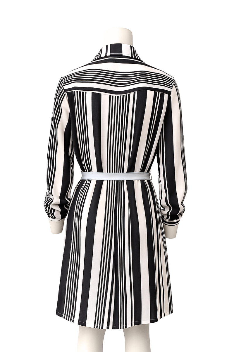Black & White Belted Shirt Dress – Sheer Gorgette Fabric